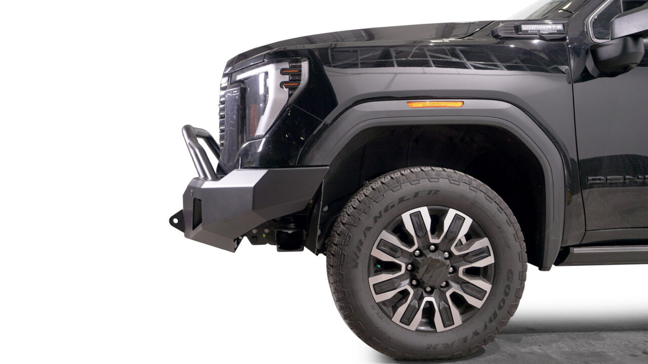 premium front winch ready bumper with prerunner guard able to hold 4 LED cube lights integrated d ring mounts provides more tire clearance