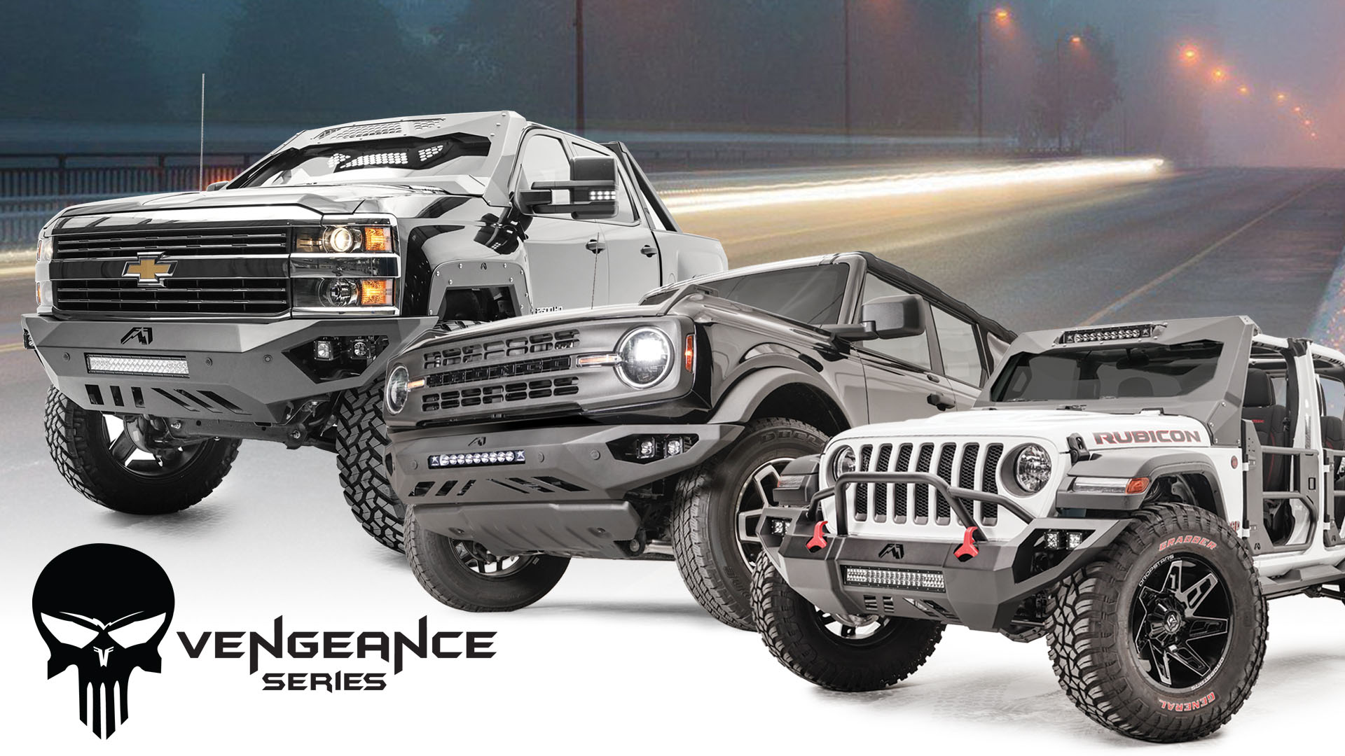 lineup of vehicles with vengeance bumpers