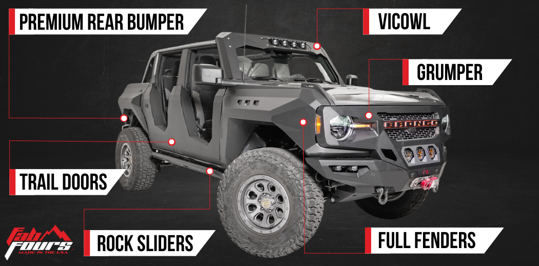 2022 Ford Bronco with vicowl, grumper, trail doors, rock sliders, and full fenders