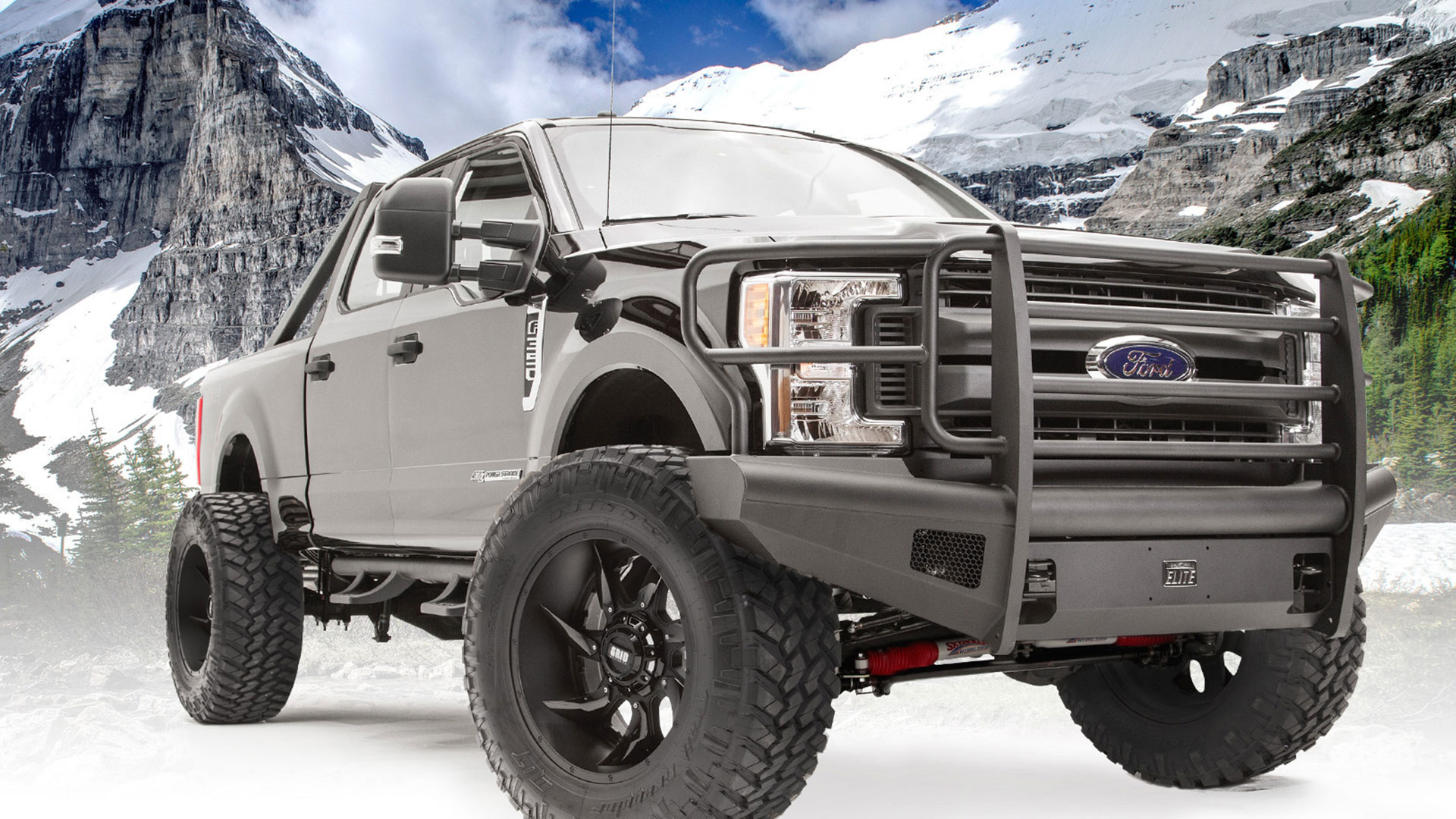 Ford Superduty with Fab Fours front bumper in mountains